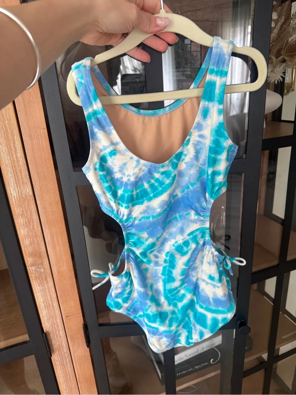 Crewcuts one piece swimsuit cutouts tie dye bows little girls swirls turquoise